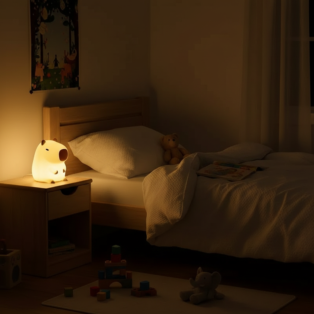 Veilleuse Capybara en Silicone pose sur table de nuit dans chambre d enfant 